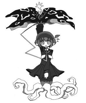 1girl arm_up commentary expressionless flower flower_pot full_body greyscale headphones in_pot long_sleeves looking_at_viewer monochrome monster_girl mouth_hold neckerchief nene_nene no_pupils official_art plant_girl pleated_skirt school_uniform serafuku shirt short_hair simple_background skirt solo tentacle_legs tokita_(jyabarachan) utau