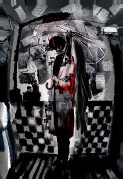 1boy absurdres black_shirt censored censored_identity coat demon_horns distortion falling_paper from_side full_body highres holding holding_umbrella horns kim_dokja male_focus mrjieshisu official_alternate_costume omniscient_reader&#039;s_viewpoint open_clothes open_coat paper popped_collar raining_blood shirt solo standing tile_wall tiles umbrella wainscoting white_coat wooden_floor