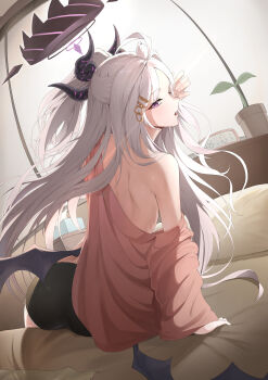 1girl absurdres ahoge alarm_clock ass back bare_shoulders bed black_halo black_shorts blue_archive blush clock demon_girl demon_horns demon_wings hair_ornament hairclip half-closed_eyes halo highres hina_(blue_archive) horns indoors loli long_hair looking_at_viewer looking_back low_wings luya_(luyachan) off_shoulder open_mouth pajamas pillow plant potted_plant purple_eyes shorts sitting solo tissue_box very_long_hair white_hair wings