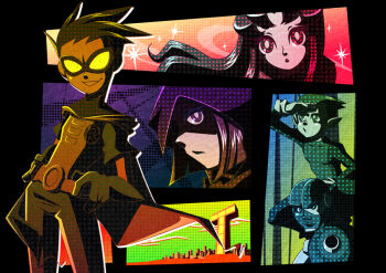 2girls 3boys :o alien animification beast_boy_(dc) belt bob_cut bodysuit building cape cartoon_network city cyborg cyborg_(dc) dark_skin dc_comics dick_grayson domino_mask eye_mask gloves goggles hand_on_own_hip hood island ladama mask multiple_boys multiple_girls one-eyed pointy_ears polka_dot profile raven_(dc) robin_(dc) starfire stipple teen_titans victor_stone