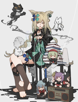 1girl :&lt; :3 absurdres animal_ear_fluff animal_ears arknights ave_mujica_(bang_dream!) bang_dream! bang_dream!_it&#039;s_mygo!!!!! beret black_bow black_choker black_hair black_horns black_jacket black_shirt black_skirt blonde_hair blue_hair bob_cut book book_stack boombox bow brown_eyes brown_socks cat_ears cat_girl character_doll character_name choker closed_mouth clothes_writing commentary creature curled_horns demon_girl demon_horns dog_ears dog_girl doll dress dress_bow drill_hair familiar floating full_body ghost_tail green_bow green_dress green_eyes green_hair grey_background hair_bow hair_ornament hat highres horns infection_monitor_(arknights) jacket kneehighs layered_sleeves long_hair long_sleeves looking_at_viewer low_twintails miniskirt misumi_uika misumi_uika_(caged_singer) morpheus_(arknights) no_shoes northernw notched_ear on_table open_clothes open_jacket orange_eyes pendant_choker plantar_flexion pleated_skirt puppet_strings purple_eyes purple_hair red_hat red_shirt red_skirt shin_strap shirt short_dress short_hair short_over_long_sleeves short_sleeves simple_background sitting skirt sleeveless sleeveless_dress smile socks soles solo statue stirrup_legwear table thigh_strap toe_scrunch toeless_legwear toes togawa_sakiko togawa_sakiko_(master_of_melodia) tongue tongue_out tsurime twin_drills twintails two_side_up very_long_hair wakaba_mutsumi wakaba_mutsumi_(marionette&#039;s_id) wolf_ears wolf_girl x_hair_ornament yahata_umiri yahata_umiri_(moonlight_executioner) yuutenji_nyamu yuutenji_nyamu_(magician_of_passion)