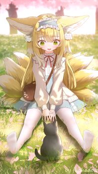 1girl absurdres animal_ear_fluff animal_ears arknights bag black_cat blonde_hair blue_hairband blue_skirt cardigan cat commentary flyshadow fox_ears fox_girl fox_tail frilled_hairband frills green_eyes hairband high-waist_skirt highres kitsune long_hair long_sleeves multiple_tails neck_ribbon no_shoes official_alternate_costume on_ground open_cardigan open_clothes outdoors pantyhose puffy_long_sleeves puffy_sleeves red_ribbon ribbon shirt sitting skirt soles suzuran_(arknights) suzuran_(spring_praise)_(arknights) tail white_pantyhose white_shirt