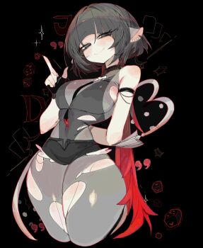 1girl animal_ears black_hair black_shorts blunt_bangs breasts fingerless_gloves garter_straps gloves green_eyes high-waist_shorts highres impossible_shorts jane_doe_(zenless_zone_zero) large_breasts long_hair long_tail looking_at_viewer mouse_ears mouse_girl mouse_tail multicolored_hair necktie pantyhose red_hair red_nails sharp_tail shorts single_garter_strap smile solo tail tail_around_own_leg thighhighs torn_clothes torn_pantyhose torn_thighhighs two-tone_necktie usa37107692 zenless_zone_zero