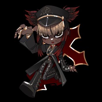 Rule 34 | 1girl, belt, belt buckle, black background, black belt, black boots, black coat, black eyes, black hair, black hat, black pants, blonde hair, boots, bracelet, bright pupils, buckle, chibi, claw pose, closed mouth, coat, cross, cross print, cross tattoo, crossed belts, dark-skinned female, dark skin, dreadlocks, expressionless, eyes visible through hair, eyeshadow, facial tattoo, gold belt, gold bracelet, gold necklace, gold ring, hat, hat tassel, high belt, highres, jewelry, knee boots, layered sleeves, leather, leather pants, leg up, lipstick, long sleeves, makeup, military hat, military uniform, multicolored hair, multiple belts, multiple rings, necklace, original, pants, peaked cap, red coat, red eyeshadow, red hair, red lips, ring, shaded face, shoe belt, short hair with long locks, short over long sleeves, short sleeves, short twintails, simple background, solo, studded belt, tattoo, twintails, two-sided coat, two-sided fabric, very dark skin, white pupils, wikate