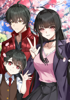 1girl 2boys absurdres black_choker black_hair black_skirt blush breasts bright_pupils cherry_blossoms chisa_(wuthering_waves) choker cleavage commentary family hair_between_eyes hair_ribbon hand_up highres jacket large_breasts long_hair looking_at_viewer male_rover_(wuthering_waves) mole mole_under_eye multiple_boys original parted_lips pink_shirt purple_jacket red_eyes red_jacket red_ribbon ribbon rover_(wuthering_waves) shirt skirt smile tian_kazuki w waving white_pupils wuthering_waves yellow_eyes