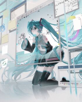 1girl absurdres aqua_bow aqua_bowtie aqua_eyes aqua_hair aqua_nails arm_tattoo black_boots black_skirt blush boots bow bowtie chinese_commentary commentary_request detached_sleeves dialogue_box emoticon grey_shirt hatsune_miku highres icon_(computing) kaomoji kneeling long_hair looking_ahead mirai_no_kimi_to_subete_no_uta_ni nail_polish number_tattoo pleated_skirt rumoon shirt skirt sleeveless sleeveless_shirt solo tattoo thigh_boots thighhighs tie_clip twintails user_interface very_long_hair vocaloid window_(computing) zettai_ryouiki