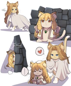 ... :&lt; :3 absurdres animal animal_ear_fluff animal_with_hair animalization blonde_hair blue_eyes brick_wall cat cloak clothed_animal coat commentary heart hiding highres j_humbo long_hair methode_(sousou_no_frieren) no_humans open_clothes open_coat serie_(sousou_no_frieren) signature smile sousou_no_frieren spoken_ellipsis spoken_heart sweat symbol-only_commentary trembling