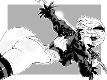 1girl 2b_(nier:automata) absurdres ass back_cutout blindfold border breasts clothing_cutout commentary_request covered_eyes dutch_angle feather-trimmed_sleeves gloves grey_background greyscale hairband highleg highleg_leotard highres holding holding_weapon juliet_sleeves katana large_breasts leotard long_sleeves monochrome nier:automata nier_(series) no_pants puffy_sleeves short_hair simple_background solo sword thick_thighs thighhighs thighs thong_leotard torisan virtuous_contract weapon white_border