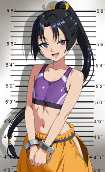 Rule 34 | 1boy, absurdres, armpit crease, black hair, blush, bound, bound wrists, clothing cutout, collarbone, commentary request, cuffs, gt (inesperados2013), handcuffs, highres, hip vent, houjou tokiyuki (nige jouzu no wakagimi), linea alba, lineup, long hair, low-tied long hair, male focus, mugshot, navel, nige jouzu no wakagimi, open mouth, orange pants, pants, purple eyes, purple pupils, purple sports bra, shadow, solo, sports bra, teeth, trap, upper teeth only, very long hair