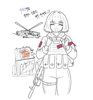 Rule 34 | 1girl, aircraft, ammunition pouch, armband, assault rifle, attack helicopter, bob cut, burger town, cityscape, cocktiel77, fingerless gloves, gloves, grenade launcher, gun, gun on back, helicopter, hood, hood down, hoodie, kalashnikov rifle, korean text, load bearing vest, lowres, medium hair, mi-28, military, military vehicle, monochrome, pants, pouch, red armband, red dawn, rifle, ruins, russian ground forces, sign, simple background, sketch, smile, smoke, spot color, tactical clothes, underbarrel grenade launcher, weapon, weapon on back, white background