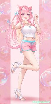 Rule 34 | 1girl, :3, absurdres, alternate costume, animal ear fluff, animal ears, blonde hair, blunt bangs, blush, bow, braid, breasts, camisole, cat ears, cat tail, cleavage, colored inner hair, commentary request, crop top, dolphin shorts, drawstring, fingerless gloves, full body, gloves, hair bow, hair ornament, hair over shoulder, hairclip, high heel sandals, highres, indie virtual youtuber, looking at viewer, medium breasts, midriff, multicolored hair, navel, open mouth, paw pose, pink background, pink eyes, pink hair, pink shorts, revision, ribbon, sandals, shorts, smile, solo, standing, standing on one leg, star (symbol), star hair ornament, tail, tail ornament, tail ribbon, toenails, toes, twin braids, twitter username, two-tone hair, two side up, v, virtual youtuber, wajuniorbox, white camisole, white sandals, yuuki sakuna