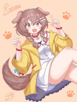 Rule 34 | 1girl, :3, animal collar, animal ears, arms up, artist logo, blue bra, blue trim, blush, bone hair ornament, bone print, bra, braid, braided sidelocks, breasts, brown eyes, brown hair, collar, commentary request, crossed bangs, derorean1212, dog ears, dog girl, dog tail, double-parted bangs, dress, fangs, feet out of frame, frilled jacket, frills, hair between eyes, hair ornament, highres, hololive, inugami korone, inugami korone (1st costume), jacket, knee up, l hand, logo, long sidelocks, long sleeves, looking at viewer, medium breasts, medium hair, open mouth, orange background, paw print, puffy long sleeves, puffy sleeves, raised eyebrow, red collar, red trim, red wrist cuffs, sidelocks, simple background, sitting, skin fangs, sleeveless, sleeveless dress, smile, solo, tail, underwear, white dress, wrist cuffs, yellow jacket
