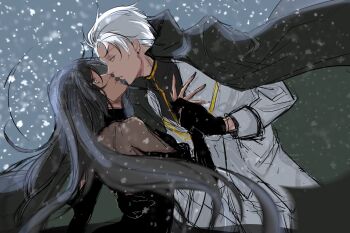 Rule 34 | almightybuttcheeks, alternate hair length, alternate hairstyle, alternate universe, balcony, black cape, black gloves, bleach, bleach: epilogue, cape, coat, commentary, english commentary, eye contact, gloves, green eyes, hetero, highres, hitsugaya toushirou, hitsugaya toushirou (adult), holding another's wrist, imminent kiss, kurosaki karin, long hair, looking at another, sleeves past wrists, two-sided cape, two-sided fabric, very long hair, white coat, white hair