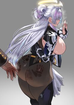 1girl absurdres arm_behind_back ass ass_focus bead_bracelet beads black_bodysuit black_thighhighs bodysuit bracelet breasts breasts_out bridal_gauntlets closed_eyes colored_eyelashes commentary cowboy_shot curvy embarrassed gamjasssak goddess_of_victory:_nikke grey_background grey_hair hair_bun hair_intakes halo highres huge_ass jewelry korean_commentary large_breasts long_hair mechanical_arms nayuta_(nikke) parted_lips sideboob sidelocks simple_background single_mechanical_arm slap_mark solo_focus spanked standing steaming_body thighhighs white_eyelashes