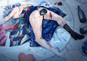 1girl aftersex alcohol_enema anal anal_object_insertion animal_ears ass bar_censor black_boots blue_hair blue_kimono boots bottle breasts cat_ears cat_girl cat_tail censored condom enema excessive_pussy_juice female_ejaculation female_orgasm fumihiko_(fu_mihi_ko) glass_bottle hololive japanese_clothes kimono large_breasts object_insertion orgasm pointy_ears pussy_juice socks tail used_condom virtual_youtuber yukata yukihana_lamy yukihana_lamy_(new_year)