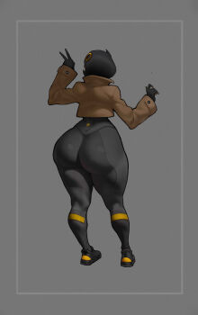 1girl ass black_hair bodysuit dark-skinned_female dark_skin emma_(pokemon) from_behind gloves grey_background head_out_of_frame huge_ass jacket long_sleeves nintendo pokemon pokemon_legends:_z-a shoes short_hair spiralnoww1 v