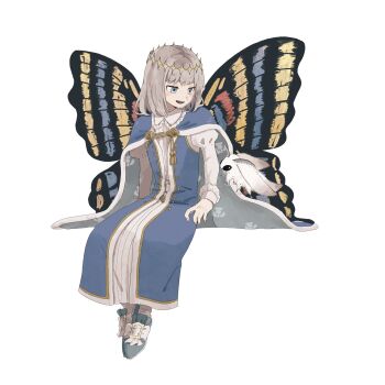 Rule 34 | 1boy, arthropod boy, blue cape, blue cloak, blue eyes, blue shoes, bug, butterfly wings, cape, cloak, commentary, crown, diamond hairband, fate/grand order, fate (series), full body, fur-trimmed cape, fur-trimmed cloak, fur trim, grey hair, highres, insect, insect wings, invisible chair, iwana oishi, long sleeves, looking down, male focus, medium hair, moth, oberon (fate), oberon (first ascension) (fate), open mouth, shoes, simple background, sitting, smile, solo, symbol-only commentary, white background, wings