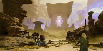 Rule 34 | 3d background, 5boys, absurdres, arch, aurora, blue robe, boulder, cloud, cloudy sky, commentary, crimsonsword03, day, desert, english commentary, from behind, glowing, grass, highres, holding, holding staff, landscape, light particles, magic, mountain, multiple boys, original, outdoors, painterly, pillar, portal (object), robe, rock, sand, scenery, sky, staff, sunlight, turban, white turban