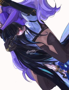 1aoisora1 2girls between_thighs black_hair black_swan_(honkai:_star_rail) blush breasts demon_girl demon_horns dress hashtag-only_commentary hat highres honkai:_star_rail honkai_(series) horns large_breasts long_hair looking_at_viewer multiple_girls purple_eyes the_dahlia_(honkai:_star_rail) thick_thighs thighs