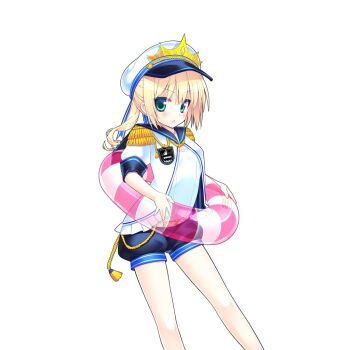 Rule 34 | 1girl, aqua eyes, blonde hair, blue sailor collar, blue shorts, epaulettes, giuniu, gold tiara, hat, innertube, mel oceano, puffy short sleeves, puffy sleeves, sailor collar, sailor hat, shirt, short hair, short sleeves, shorts, swim ring, uchi no hime-sama ga ichiban kawaii, white shirt