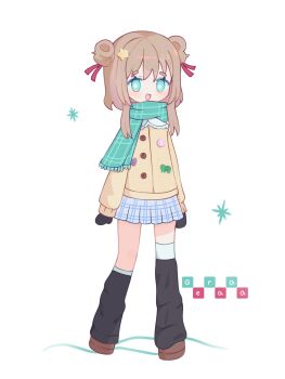 1girl :d adapted_costume alternate_hair_length alternate_hairstyle asymmetrical_legwear badge bala_0164 black_leg_warmers black_mittens blue_eyes blue_skirt bright_pupils brown_hair brown_shoes button_badge buttons cardigan double_bun full_body green_scarf hair_bun hair_ornament hair_ribbon highres leg_warmers long_sleeves looking_at_viewer miniskirt mittens neuro-sama no_nose open_mouth peter_pan_collar pink_ribbon plaid_clothes plaid_scarf plaid_skirt pleated_skirt ribbon scarf shoes short_hair sidelocks simple_background skirt smile snowflakes socks solo standing star_(symbol) star_hair_ornament thighhighs two_side_up vedal_ai walking white_background white_pupils white_socks white_thighhighs winter yellow_cardigan