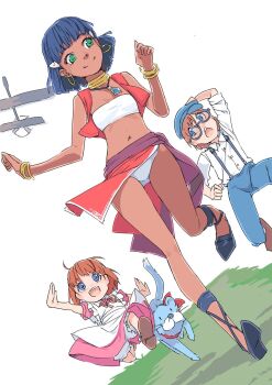 2girls akinbo_(hyouka_fuyou) bandeau bob_cut bracelet closed_mouth dark-skinned_female dark_skin earrings fushigi_no_umi_no_nadia green_eyes hair_ornament hairclip highres hoop_earrings jean_roque_lartigue jewelry king_(nadia) loincloth marie_en_carlsberg midriff multiple_girls nadia_la_arwall navel neck_ring necklace open_mouth panties purple_hair short_hair smile strapless tube_top underwear vest white_panties