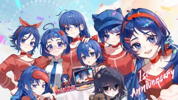 2d_mita_(miside) 6+girls ahoge anniversary artist_request bags_under_eyes blue_hair blue_hat blue_skirt blue_sky blush bow bow_hairband breasts chibi chibi_mita_(miside) choker closed_mouth cloud collarbone commentary_request confetti cool_mita_(miside) crazy_mita_(miside) creepy_mita_(miside) cucumber cucumber_slice double_v empty_eyes english_text fang ferris_wheel food fruit glasses hair_between_eyes hair_ornament hairband hairclip hand_on_own_hip hat head_rest highres juice kind_mita_(miside) long_hair looking_at_viewer mark_under_eye medium_breasts messy_hair midriff mila_(miside) miside mita_(miside) multiple_girls multiple_persona official_art omelet omurice one_eye_closed open_mouth orange_(fruit) orange_juice orange_slice outstretched_hand pale_skin parallel_hairclips parted_lips plate pleated_skirt ponytail red_bow red_choker red_hairband red_shirt ribbon_choker shirt short-haired_mita_(miside) short_hair sideways_glance skirt sky sleep_mask sleepy_mita_(miside) small_breasts smile stuffed_animal stuffed_toy table teardrop_facial_mark teddy_bear tiny_mita_(miside) tomato tomato_slice twintails v very_long_hair