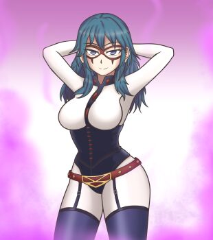 Rule 34 | 1girl, absurdres, arms behind head, arms up, blue eyes, blue hair, boku no hero academia, breasts, cosplay, domino mask, eye mask, female byleth (fire emblem), female focus, fire emblem, fire emblem: three houses, garter belt, garter straps, hayato stuff, highres, large breasts, long hair, looking at viewer, mask, midnight (boku no hero academia), midnight (boku no hero academia) (cosplay), nintendo, pink background, solo