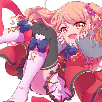 1girl aikatsu!_(series) black_thighhighs blue_bow bow chida_daisuke convenient_leg eyelashes footwear_bow gift hair_ornament hair_scrunchie holding holding_gift kasumi_mahiru long_hair looking_at_viewer one_side_up open_mouth pink_eyes pleated_skirt red_shirt scrunchie shirt skirt solo thighhighs thighs white_background white_skirt