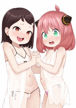 2girls anya_(spy_x_family) atg_(wttoo0202) babydoll bare_shoulders becky_blackbell bikini blush brown_eyes brown_hair cameltoe collarbone cowboy_shot female_focus flat_chest green_eyes hair_ornament heart heart-shaped_pupils holding_hands loli looking_at_viewer micro_bikini multiple_girls navel nipples open_mouth pink_bikini pink_hair see-through_clothes side-tie_bikini_bottom simple_background smile spy_x_family standing swimsuit symbol-shaped_pupils teeth tongue upper_teeth_only white_background white_bikini