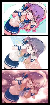 Rule 34 | 1girl, alakoala, bespectacled, blue sailor collar, blue skirt, glasses, gloves, hat, highres, kantai collection, looking at viewer, mole, mole under eye, multicolored hair, multiple views, pink hair, pleated skirt, purple hair, round eyewear, sailor collar, school uniform, serafuku, simple background, skirt, smile, tsushima (kancolle), white gloves, white hat