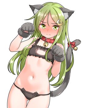 1girl absurdres animal_ears animal_hands bikini black_bikini blush bow cat_cutout cat_ears clothing_cutout collar embarrassed fake_animal_ears fake_tail frilled_bikini frills full-face_blush furaggu_(frag_0416) gloves gluteal_fold green_eyes green_hair hair_between_eyes highres kantai_collection long_hair nagatsuki_(kancolle) navel paw_gloves paw_pose red_bow red_collar solo standing stomach swimsuit tail tail_bow tail_ornament variant_set