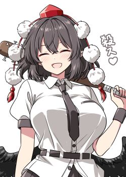 1girl baseball_bat bird_wings black_wings blush breasts brown_hair closed_eyes collared_shirt commentary_request facing_viewer false_smile hat heart highres holding holding_baseball_bat large_breasts medium_hair nail_(hardware) nail_bat open_mouth pointy_ears pom_pom_(clothes) puffy_short_sleeves puffy_sleeves red_hat rise_(rise19851203) shameimaru_aya shirt short_sleeves simple_background smile solo tokin_hat touhou translated white_background white_shirt wings