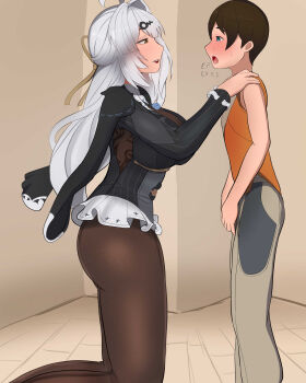 1boy absurdres age_difference ahoge black_pantyhose black_unitard blush boutonniere breasts brown_eyes commentary_request flower_on_chest highres large_breasts long_hair official_alternate_costume onee-shota pantyhose pinpin_ninja seamed_legwear shota single_hair_intake thighs white_hair yixuan_(trails_of_ink)_(zenless_zone_zero) yixuan_(zenless_zone_zero) zenless_zone_zero