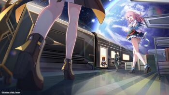 1boy 1other 2girls absurdres alternate_hair_length alternate_hairstyle ankle_boots artist_name black_boots black_overskirt blue_boots blue_eyes blue_jacket blue_skirt boots camera commentary dan_heng_(honkai:_star_rail) dan_heng_(hunt)_(honkai:_star_rail) english_commentary flower_ornament fold-over_boots from_below high_heels highres honkai:_star_rail honkai_(series) jacket long_hair long_sleeves march_7th_(honkai:_star_rail) march_7th_(preservation)_(honkai:_star_rail) miniskirt multicolored_boots multicolored_eyes multiple_girls open_hand open_mouth overskirt pink_eyes pink_hair pink_pupils planet pleated_skirt pom-pom_(honkai:_star_rail) shirt skirt smile stelle_(honkai:_star_rail) thigh_strap trailblazer_(honkai:_star_rail) train two-tone_boots two-tone_eyes underbust white_shirt wildanhaq78