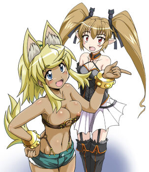 2girls blonde_hair breasts dark-skinned_female dark_skin liru long_hair multiple_girls nipple_slip nipples pachira renkin_san-kyuu_magical_pokaan