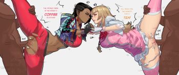 2boys 2girls absurdres anal anger_vein ascot asymmetrical_hair azucena_milagros_ortiz_castillo black_gloves black_hair blocking breasts clenched_hand clothed_female_nude_male commentary commission cornrows dark-skinned_female dark-skinned_male dark_skin dress earrings emilie_de_rochefort english_commentary english_text erection fingerless_gloves gloves group_sex highres hime_cut interracial jewelry large_breasts leg_up light_brown_hair long_hair midriff multiple_boys multiple_girls no_panties nude panties panty_pull peruvian_female pink_dress pink_thighhighs plap puffy_sleeves pussy red_ascot red_sports_bra sex_battle short_hair skullworms split sports_bra standing standing_on_one_leg standing_split tassel tassel_earrings tekken tekken_8 thick_thighs thighhighs thighs twisted_torso uncensored underwear very_dark_skin watermark