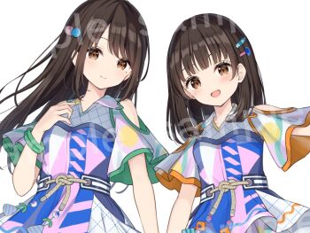 2girls :d animification bare_shoulders black_hair blue_dress blunt_bangs breasts brown_eyes cerise_bouquet closed_mouth clothing_cutout collared_dress commentary_request dress genyo_yako hair_ornament hairclip hanamiya_nina hanazora_satsuki holding_hands link!_like!_love_live! long_hair love_live! medium_breasts medium_hair mole mole_under_eye multicolored_dress multiple_girls nirei_nozomi open_mouth pink_dress real_life sample_watermark short_sleeves shoulder_cutout simple_background smile split_mouth voice_actor watermark white_background wispy_bangs