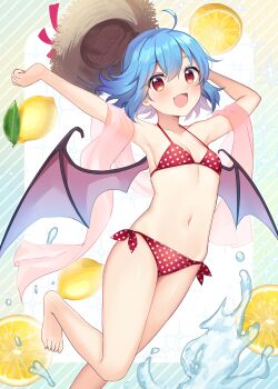 1girl :d absurdres armpits arms_up barefoot bat_wings bikini blue_hair breasts brown_hat collarbone commentary fang food fruit hat highres lemon looking_at_viewer navel open_mouth pink_scarf polka_dot polka_dot_bikini red_bikini red_eyes remilia_scarlet ruhika scarf see-through_scarf short_hair small_breasts smile solo stomach straw_hat sun_hat swimsuit touhou water wings