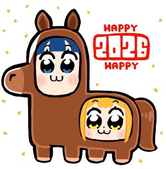 2026 2girls :3 animal_costume bkub blonde_hair blue_eyes blue_hair blunt_bangs blush_stickers chibi chibi_only closed_mouth dot_nose highres horse_costume multiple_girls new_year pipimi poptepipic popuko simple_background white_background