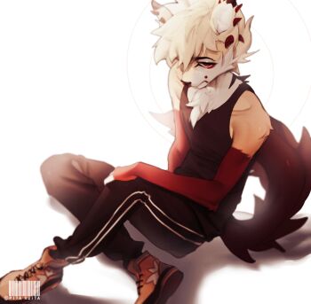 1boy animal_ears bare_shoulders black_pants black_shirt blonde_hair brown_shoes furry furry_male highres male_focus mole mole_above_mouth multicolored_fur original pants pita-potato shirt shoes short_hair sitting solo tail white_background