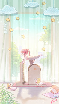 >_< 1girl ahoge animal artist_request ball bare_arms bare_shoulders barefoot blue_sky blunt_bangs blush bow bowtie braid braided_ponytail brown_eyes cat chibi chinese_commentary chinese_text cloak closed_mouth clothed_animal cloud commentary_request copyright_name curtains ear_covers exercise_ball exercising flying_sweatdrops from_side gradient_sky grey_pants happy highres hood hood_up hooded_cloak indoors ladder light_particles long_hair looking_ahead midriff momo_(nikki) morning nikki_(nikki) nikki_(series) official_art outstretched_leg pants paw_pose pink_hair pink_shirt plant potted_plant red_bow red_bowtie second-party_source shadow shining_nikki shirt sidelocks sky skyline sleeveless sleeveless_shirt smile sportswear star_(symbol) stretching traditional_bowtie translation_request tree white_cat window yellow_cloak yellow_sky yoga yoga_mat yoga_pants