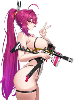 1girl absurdres ahoge black_leotard borrowed_character breasts commentary commission english_commentary gun highres holding holding_gun holding_weapon huge_breasts leotard long_hair looking_at_viewer new_(lk) original pink_hair pixiv_commission ponytail rynn_(rynn_cube) scope simple_background smile solo strapless strapless_leotard submachine_gun thick_thighs thigh_strap thighs v weapon white_background