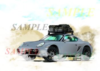 2025 artist_name blue_sky car cloud cloudy_sky commentary_request copyright_notice crate dirt dust license_plate logo motor_vehicle net nimbus_goldbrum no_humans original outdoors porsche porsche_cayman product_placement sample_watermark simple_background sky sports_car vehicle_focus watermark white_background