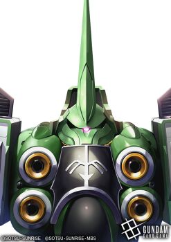 Rule 34 | armor, beam cannon, cable, chest cannon, commentary request, copyright name, copyright notice, english text, glowing, glowing eye, glowing eyes, green armor, gundam, gundam card game, gundam unicorn, horns, kenko (a143016), kshatriya, logo, looking at viewer, mecha, mecha focus, mobile armor, mobile suit, neo zeon, no humans, no pupils, official art, one-eyed, pink eyes, portrait, promotional art, purple eyes, realistic, robot, roundel, science fiction, simple background, single horn, sunrise (company), title, upper body, white background