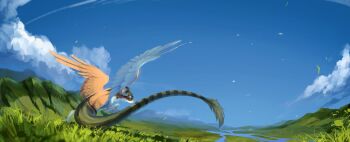 absurdres animal animal_focus animal_request cloud cloudy_sky day feathered_wings from_below gift_art grass highres mountainous_horizon no_humans original outdoors river scenery sky tail toebeez wide_shot wings