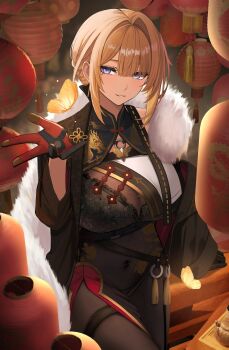 1girl alternate_costume black_bra black_dress black_gloves black_pantyhose blonde_hair blurry blurry_background bodystocking bra breasts bug butterfly china_dress chinese_clothes commentary_request covered_navel cowboy_shot dragon_print dress evelyn_chevalier floral_print fur_scarf fur_trim gaitoou gloves hair_between_eyes hair_intakes half_gloves highres insect lace lace_bra lantern large_breasts mole mole_under_eye moth off_shoulder pantyhose paper_lantern parted_lips purple_eyes scarf smile solo tassel thigh_strap underwear white_scarf zenless_zone_zero