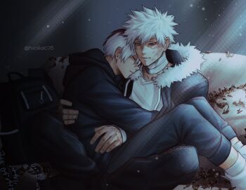 2boys alternate_costume backpack bag bandaged_neck bandages blue_eyes boku_no_hero_academia brothers closed_eyes closed_mouth couch dabi_(boku_no_hero_academia) fur_trim hashtag-only_commentary highres hood hoodie male_focus multicolored_hair multiple_boys on_couch red_hair saika076 short_hair siblings sitting sleeping sleeping_on_person smile spiked_hair split-color_hair todoroki_shoto twitter_username two-tone_hair unworn_backpack unworn_bag white_hair