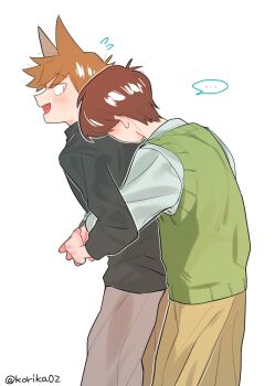 ... 2boys alternate_costume animification black_shirt blush brown_hair brown_pants commentary_request couple cowboy_shot edd_(eddsworld) eddsworld fang flying_sweatdrops from_side green_sweater_vest highres hug hug_from_behind korika02 long_sleeves male_focus multiple_boys open_mouth pants shirt short_hair simple_background spoken_ellipsis sweater_vest tord_(eddsworld) white_background white_shirt yaoi