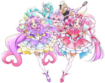 Rule 34 | 4girls, :d, ahoge, akechi anna, antenna hair, artist request, black bow, black capelet, blonde hair, blue eyes, blue hair, blue hat, blue skirt, bow, braid, brooch, brown eyes, butterfly hat ornament, capelet, closed mouth, creature, cure answer, cure arcana shadow, cure eclair, cure mystic, double bun, dress, gloves, gradient hair, green hair, hair bow, hair bun, hair intakes, hair ornament, hat, hat ornament, heart, heart brooch, heart hair ornament, highres, holding, holding hands, holding staff, holding wand, jewelry, kobayashi mikuru, layered dress, long hair, looking at viewer, magical girl, meitantei precure!, midriff, mini hat, mini top hat, moria ruruka, multicolored hair, multiple girls, navel, official art, open mouth, parted bangs, pink capelet, pink dress, pink gloves, pink hair, pink shoes, pochi-tan, pouch, precure, purple bow, purple capelet, purple dress, purple eyes, purple gloves, purple hair, purple shoes, red bow, shoes, skirt, smile, staff, standing, standing on one leg, symmetry, thighhighs, top hat, twin braids, wand, white thighhighs